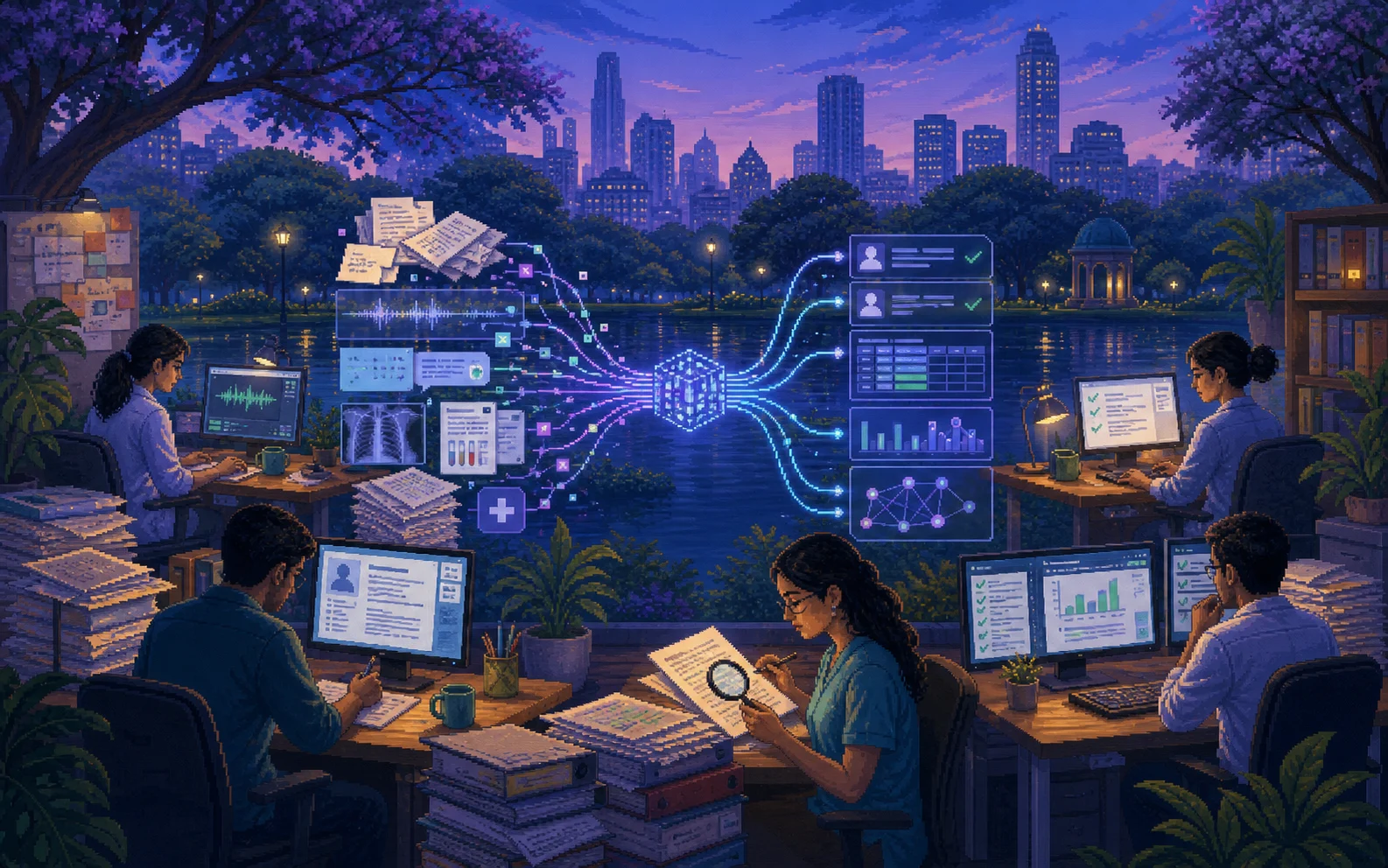 Pixel-art expert review workspace turning messy healthcare records into structured clinical data